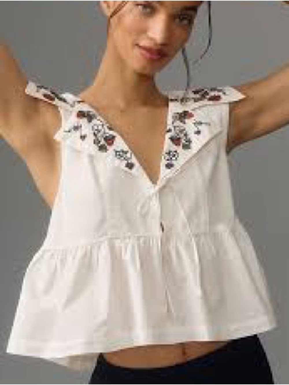 Anthropologie by Maeve, M cap-sleeve White Embroidery V-Neck tie front baby doll